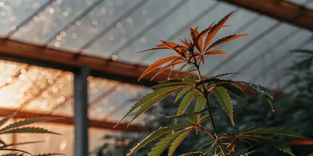 Close-up of a cannabis plant with prominent reddish-orange leaves and small dewdrops, backlit by sunlight in a greenhouse.
