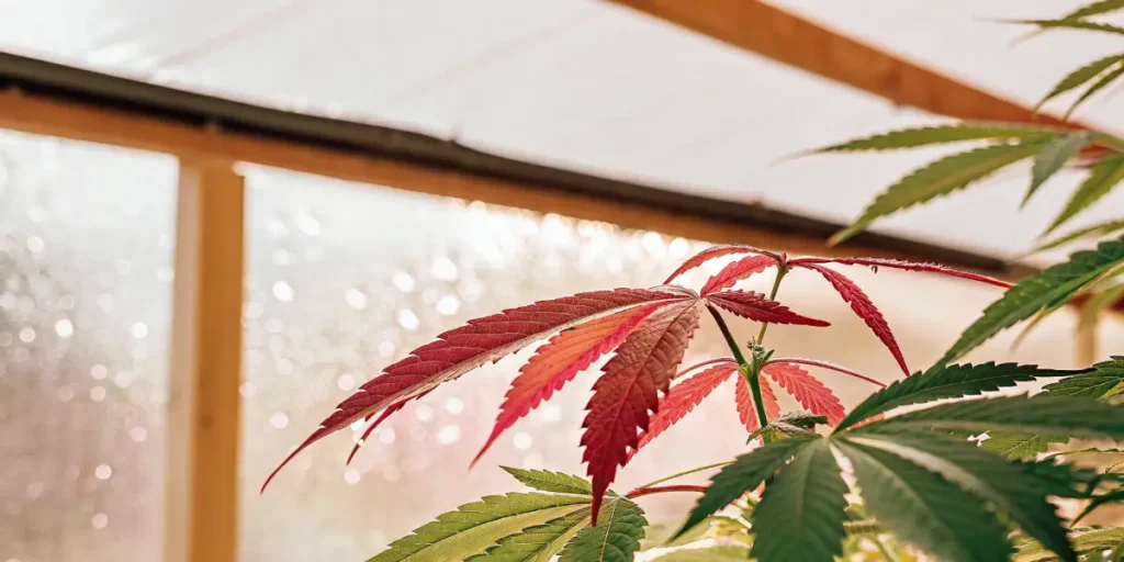 Close-up of a cannabis plant with reddish leaves in a sunlit greenhouse.