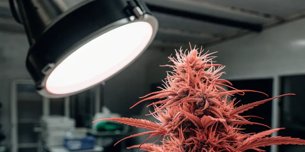 Close-up of a cannabis plant with reddish-orange leaves and dense buds, under a bright lab light in a grow room.