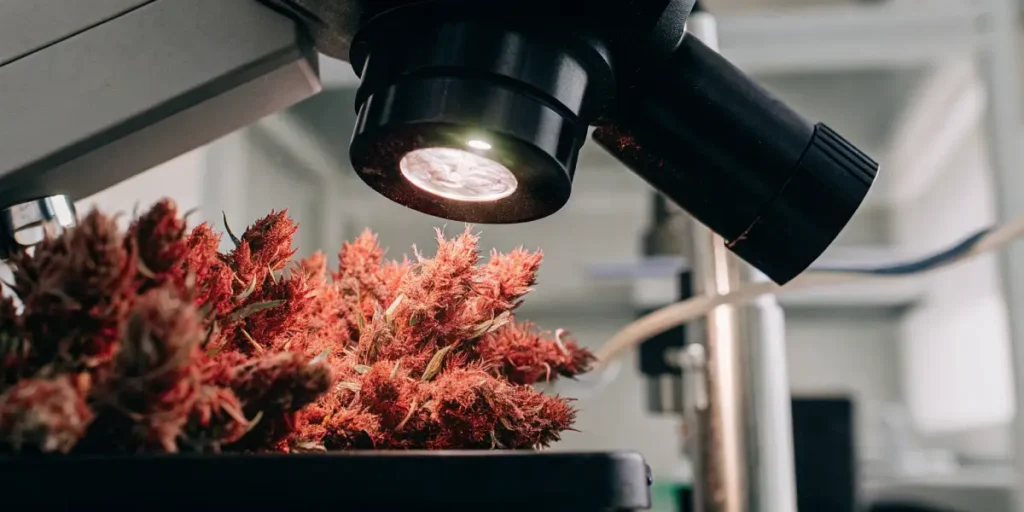 Microscope inspecting red cannabis buds with vibrant trichomes in a lab.