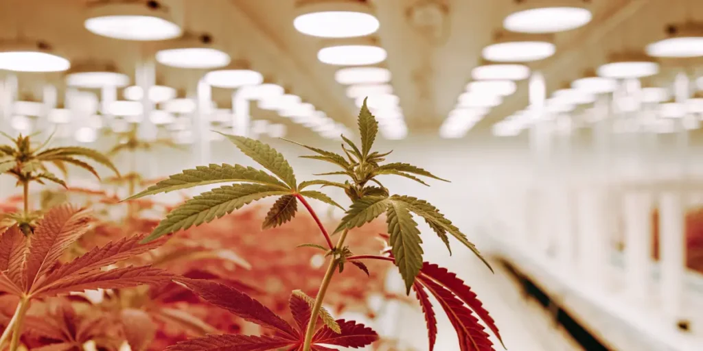 Cannabis plant with reddish and green leaves under bright, warm-toned lights.