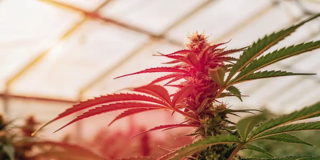Cannabis plant with reddish leaves and prominent buds in a greenhouse.