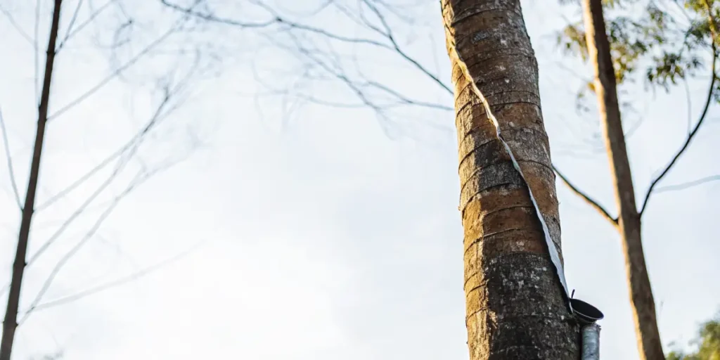 Close-up of a rubber tree trunk with a metal band wrapped around it and a small cup attached, with blurred background.