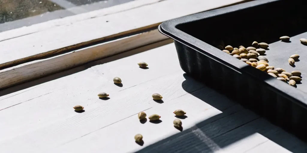 Close-up of cannabis seeds scattered on a white wooden windowsill, with a black tray in the background.