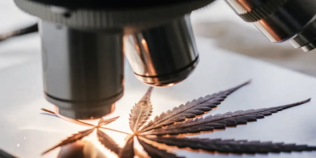 Scientist in a lab coat and gloves examining a cannabis plant with a magnifying glass near a window.