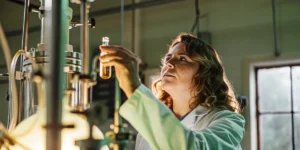 Scientist in a lab coat examining a small glass vial of golden THC oil, in a laboratory with scientific equipment.