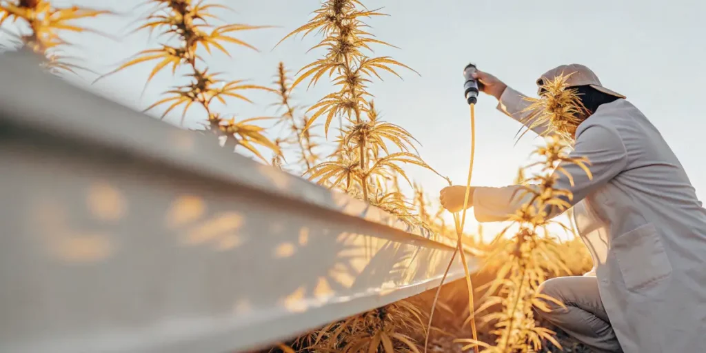 Outdoor scene: scientist in a lab coat and hat inspecting golden-hued cannabis plants with a scientific device in a field at sunset.