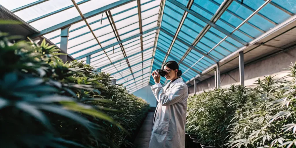 Scientist in a lab coat and glasses taking a photo of cannabis plants in a greenhouse with a sunlit roof and blue-tinted panels.