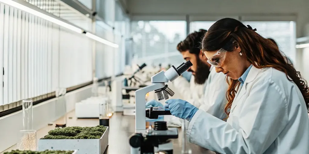 Team of scientists in lab coats and gloves examining cannabis and other plant material under a microscope in a bright laboratory.