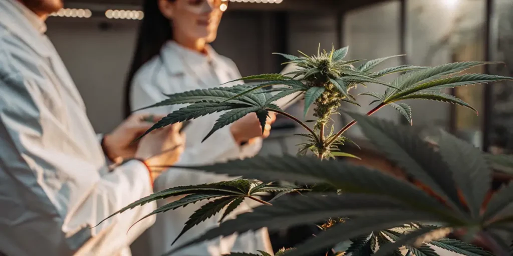 Close-up of a cannabis plant with prominent buds and leaves, with two blurred scientists in lab coats in the background.
