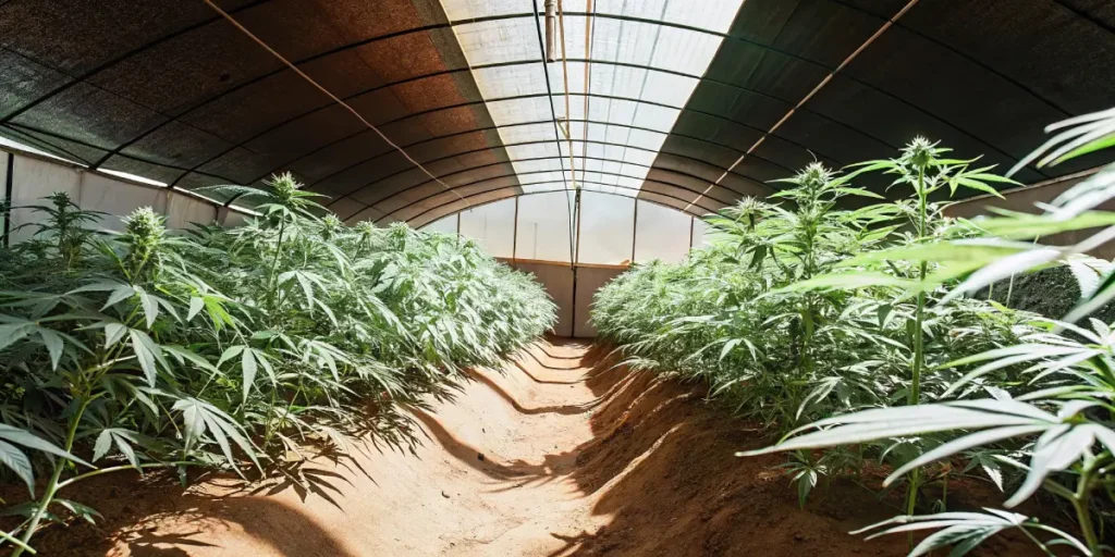 Wide-angle view of a sunlit greenhouse with a shaded roof, rows of green cannabis plants, and a central path.