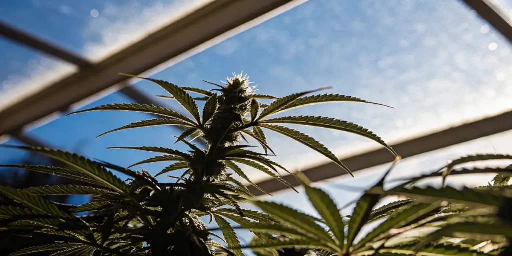 Close-up of a silhouetted cannabis plant with dense bud against a bright blue sky through a greenhouse.