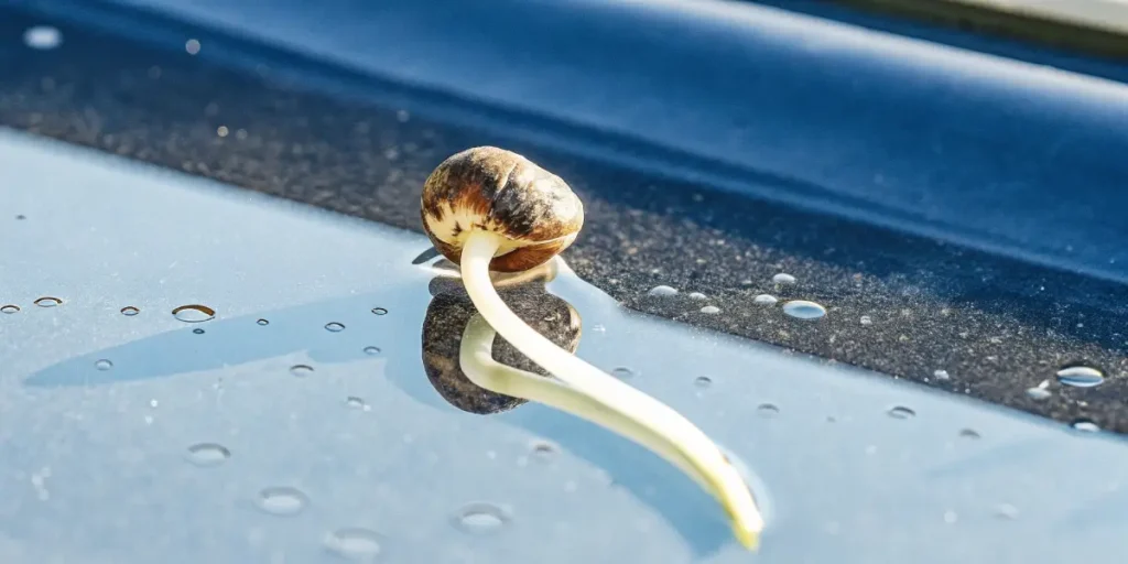 Macro photograph of a single cannabis seed with a prominent sprout, wet surface.