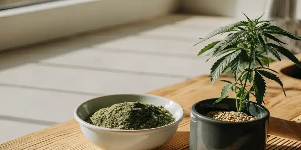 Macro photograph of a bowl of spirulina powder next to a potted cannabis plant with hemp seeds in soil, on a wooden table.