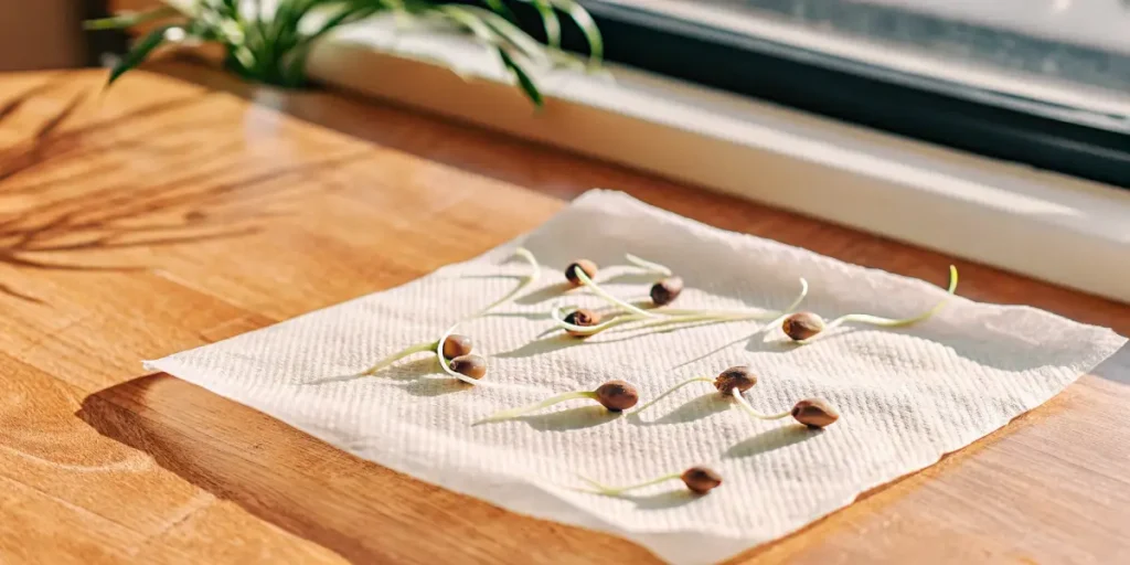 Close-up of germinating cannabis seeds with small sprouts on a damp paper towel.