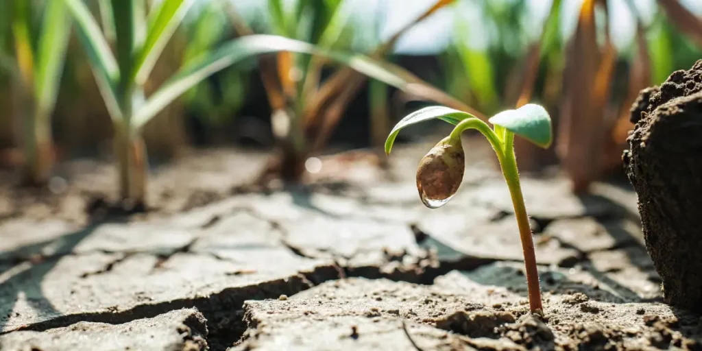 Close-up of a small green sprout with a water droplet on a dry, cracked ground.