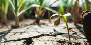 Close-up of a small green sprout with a water droplet on a dry, cracked ground.