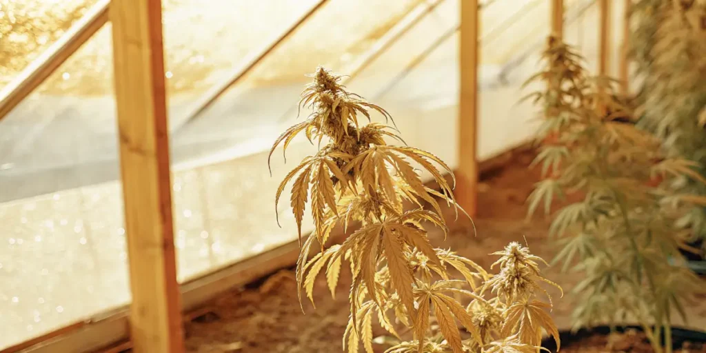 Close-up of a cannabis plant with yellowish, drooping leaves under sunlit greenhouse panels, showing stress.