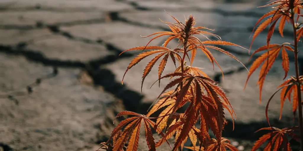 Close-up of a cannabis plant with orange-brown, stressed leaves on cracked, dry ground.