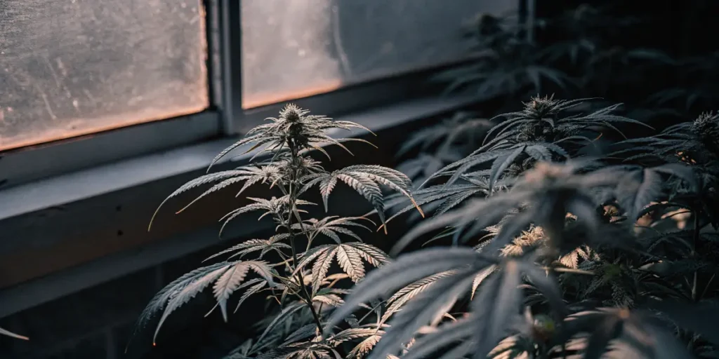 Close-up of a cannabis plant with dark leaves and buds under subdued light, near a window.