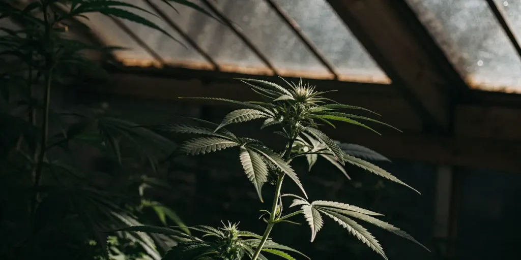 Close-up of a cannabis plant with prominent buds and dark leaves in a serene, sunlit greenhouse.