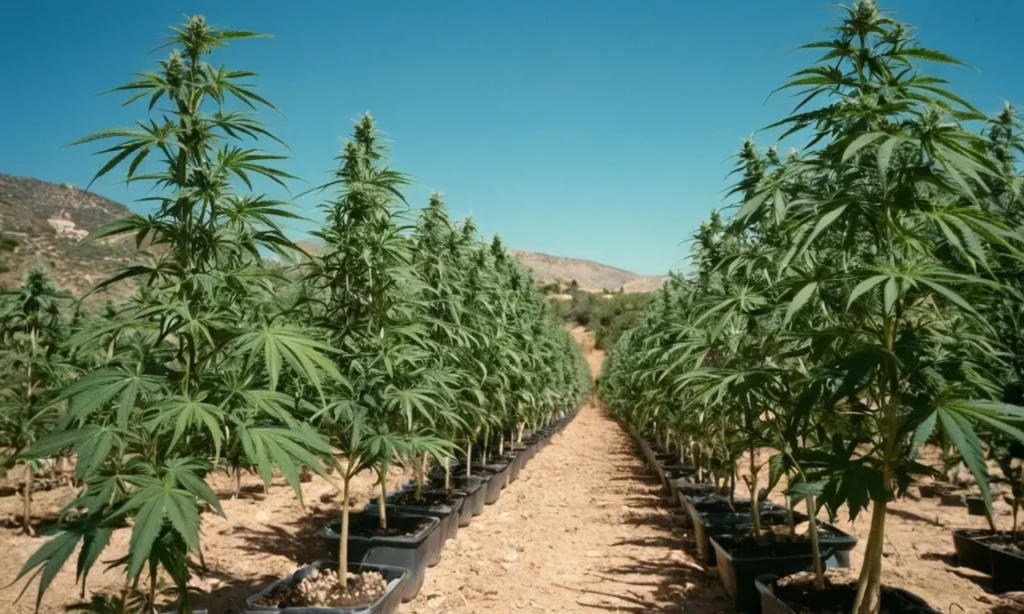 Sun-grown Cherry Ak Fast Version in ideal Mediterranean climate. These fast-flowering plants thrive in open fields with rich terpene profiles.