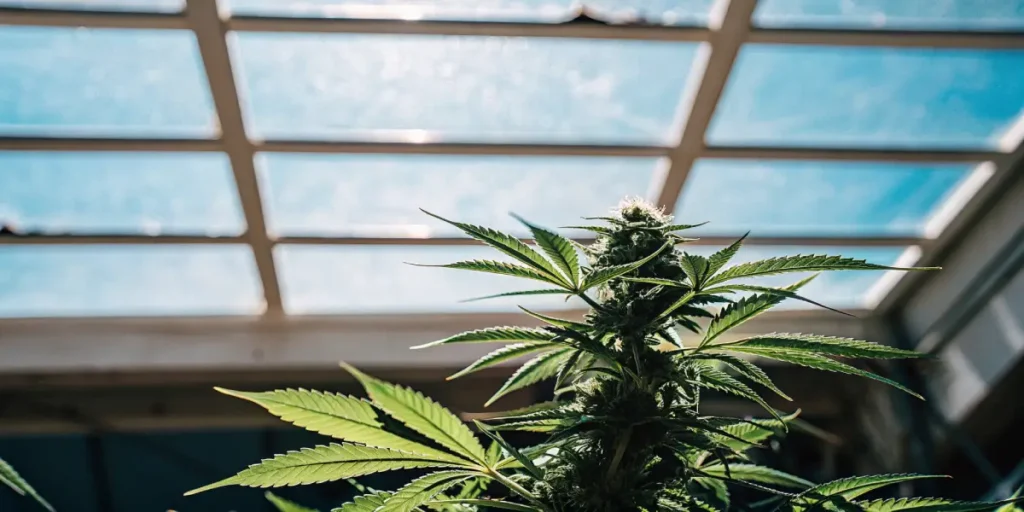 Close-up of a vibrant cannabis plant with a dense, frosty bud and prominent leaves, backlit by a clear blue sky through a greenhouse roof.