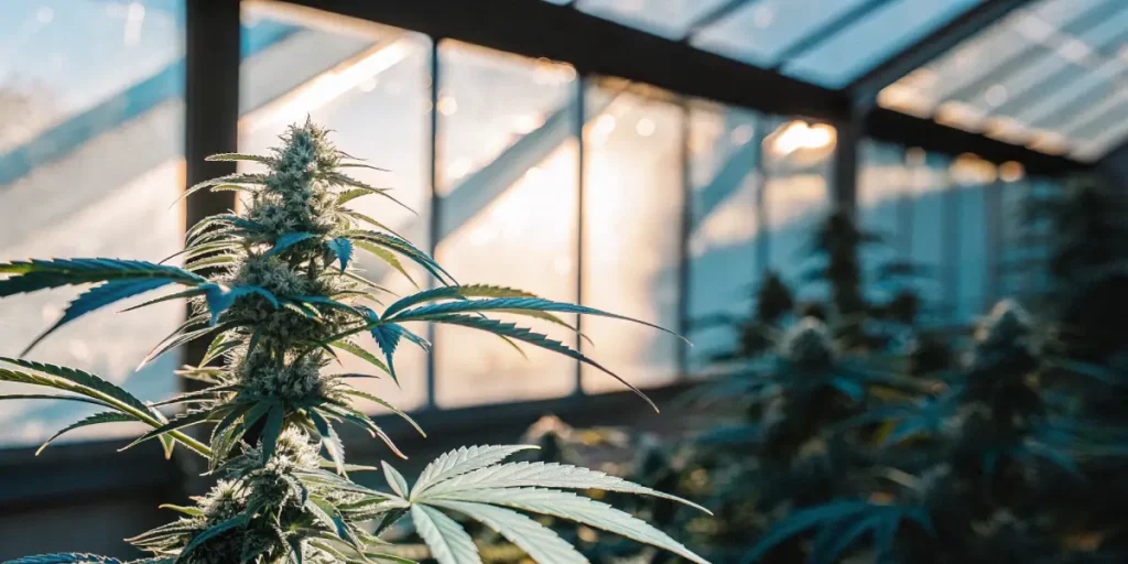 Macro photograph of a cannabis plant with dense buds in a sunlit greenhouse, with other plants and a bright background.