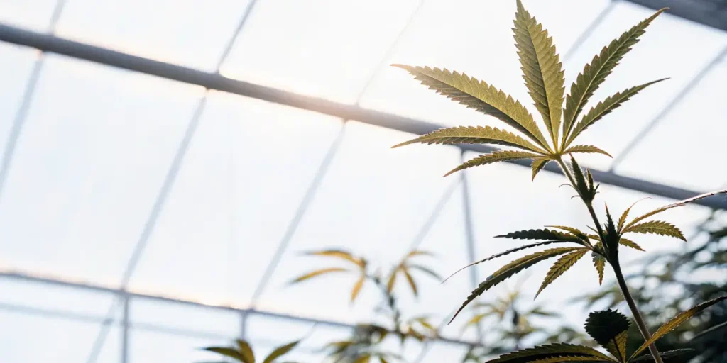 Close-up, photo-realistic image of a cannabis leaf backlit by bright sunlight in a greenhouse.