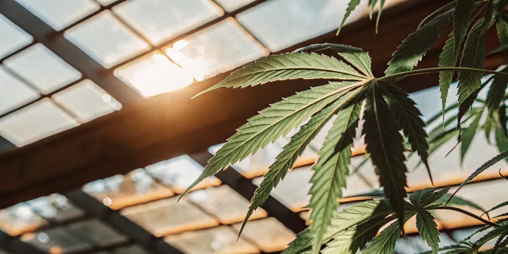 Close-up of a green cannabis leaf bathed in sunlight filtering through a greenhouse roof.