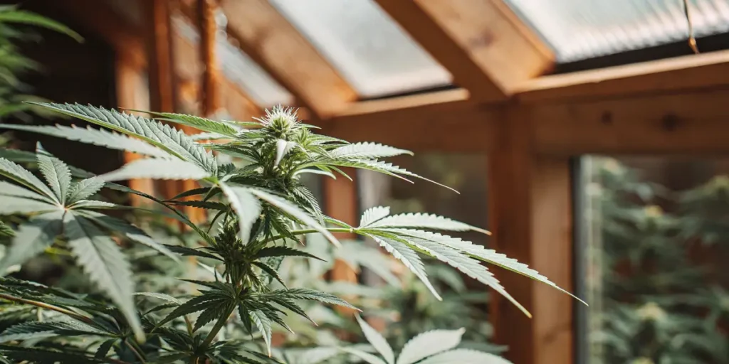 Close-up of a vibrant cannabis plant with white pistils in a greenhouse with wooden beams.