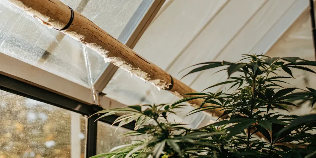Close-up of a cannabis plant in a sunlit greenhouse with a prominent wooden beam overhead.