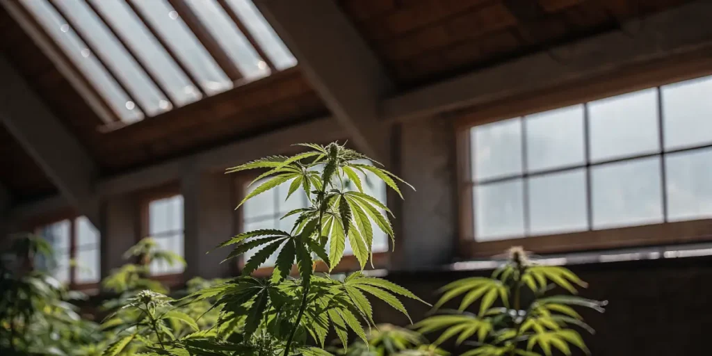 Close-up of a cannabis plant with bright green leaves under natural light from multiple windows.