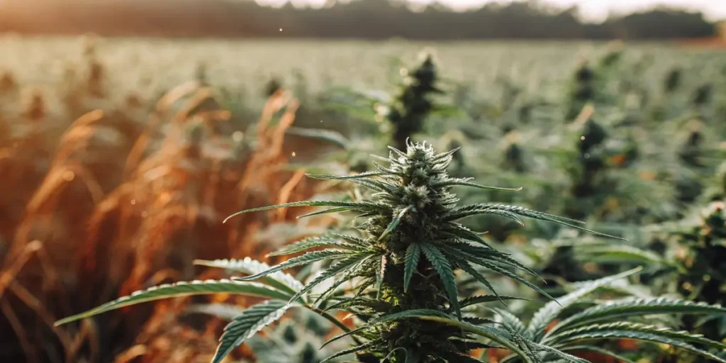 A field of cannabis plants at dawn, with dewdrops glistening on a bud in the foreground, and a hazy sunrise over distant trees.