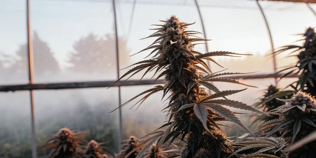 Photo-realistic cannabis plant in a greenhouse during sunrise, with a misty outdoor background.