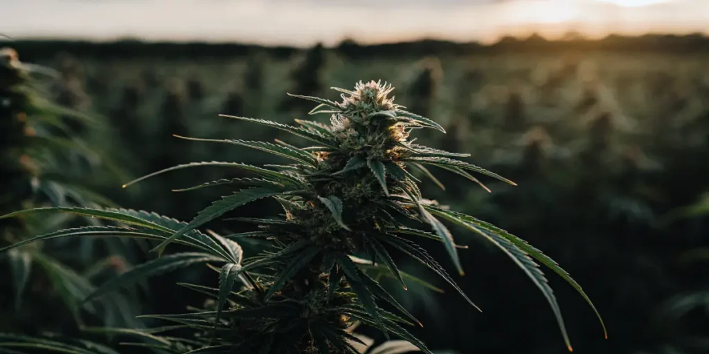Macro photograph of a cannabis bud and leaf, with prominent white pistils, in a field at sunset.
