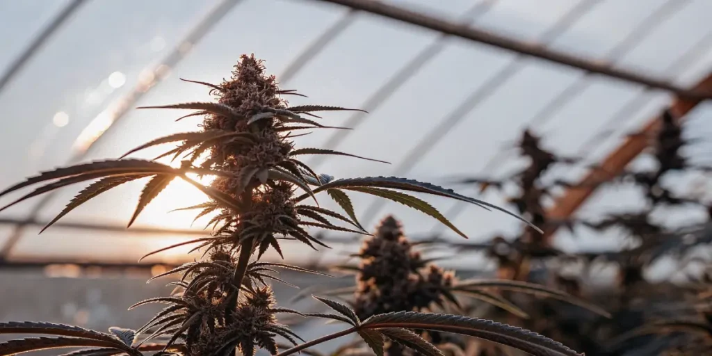 Macro shot of a dew-covered cannabis plant with dense, dark buds, backlit by a sunset through a greenhouse roof.