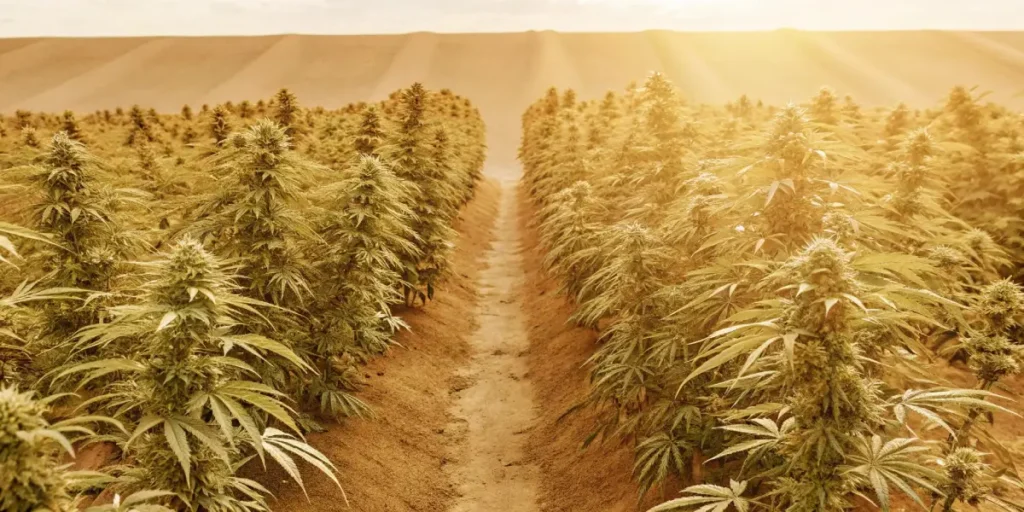 Overhead view of a cannabis field under golden sunset light, stretching to distant hills.