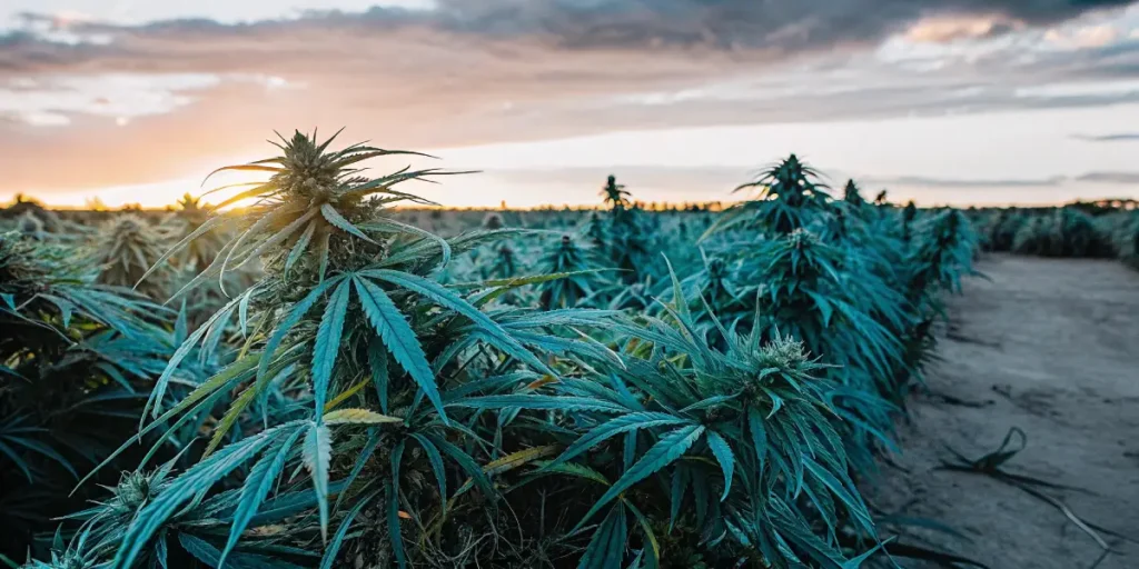 Panoramic view of a cannabis field under a dramatic sunset sky, showing some drought effects.