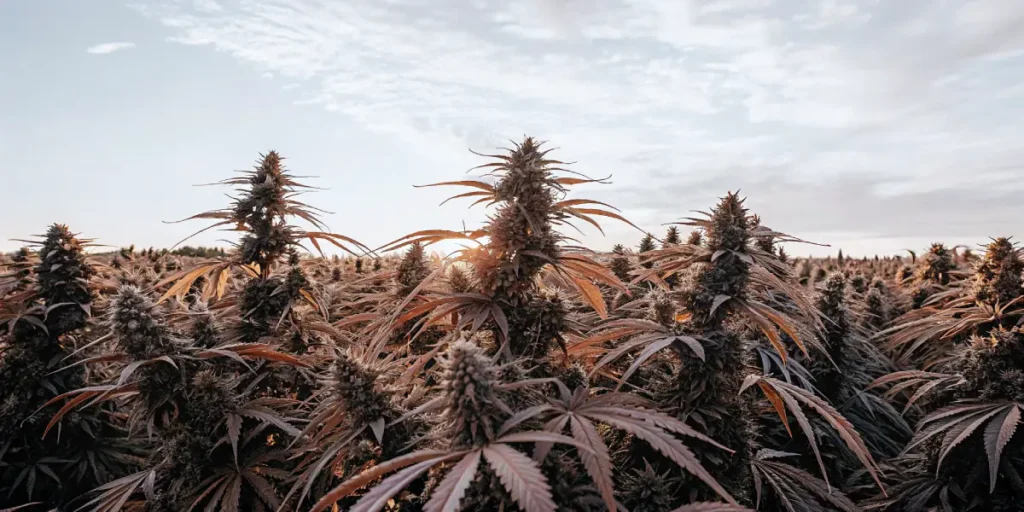 A sprawling field of mature cannabis plants with prominent buds and reddish leaves, silhouetted against a sunset sky.