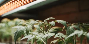 Close-up of young tomato plants under warm, glowing indoor grow lights.