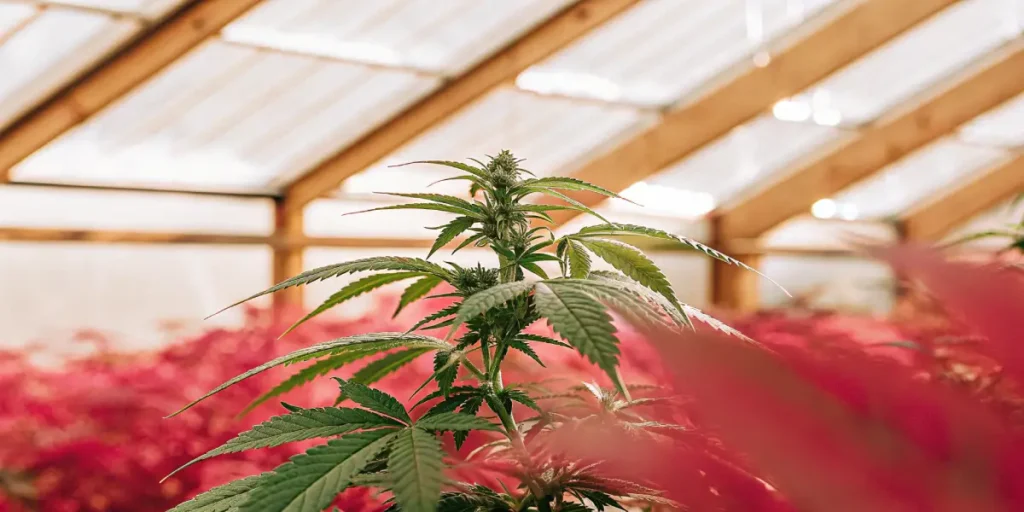 Close-up of a green cannabis plant with buds against vibrant red foliage in a greenhouse.