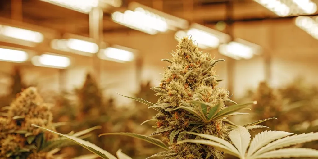 Close-up of vibrant, mature cannabis buds with visible trichomes under warm lights.