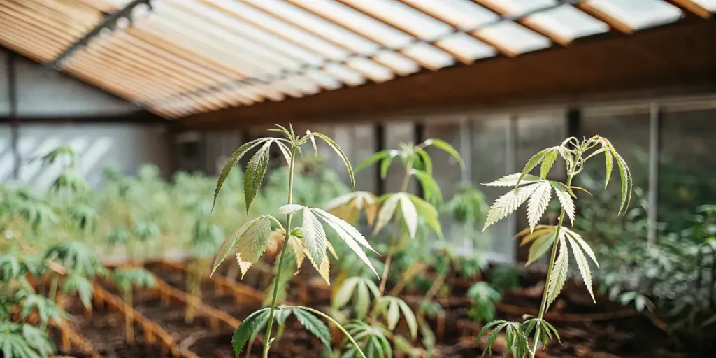 Close-up of cannabis plants with yellowish-green leaves drooping, showing signs of water stress in a sunlit greenhouse.