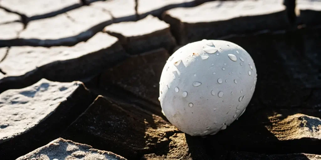 Close-up of a white, water-droplet covered seed resting on dry, cracked earth.