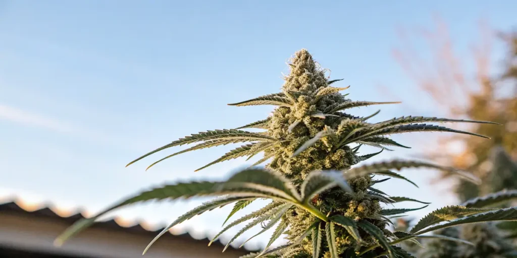 Macro photograph of a frosty White Widow cannabis bud with white pistils and green leaves, under a bright blue sky.
