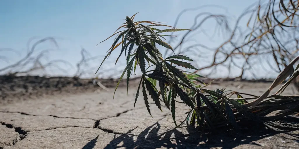 Close-up of a wilting cannabis plant on severely cracked, dry earth under bright sun.