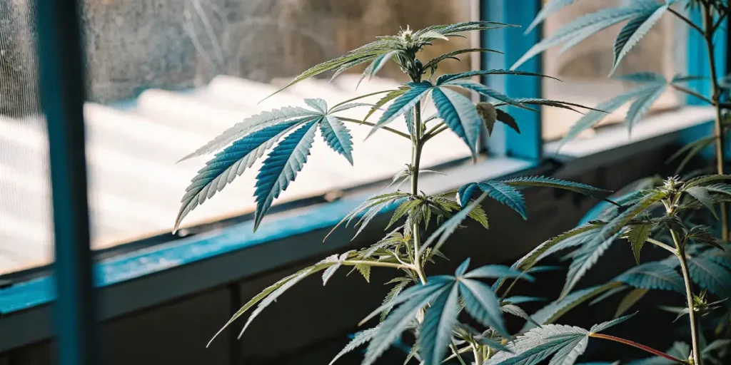 Close-up of a vibrant green cannabis plant by a blue-framed window with natural light.