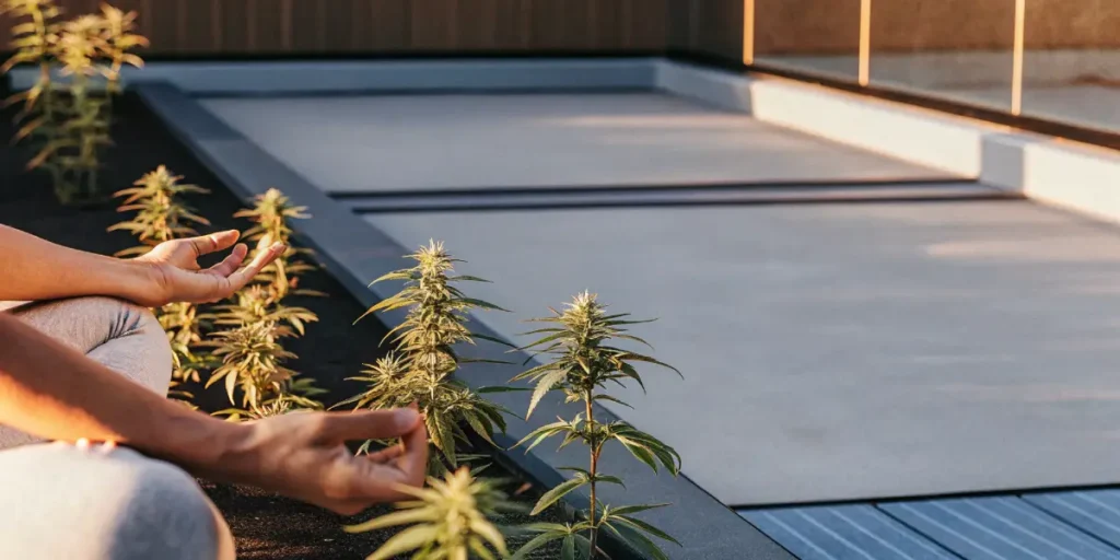 A person practicing yoga with their hands in a mudra position, kneeling in an outdoor garden with blooming cannabis plants nearby.