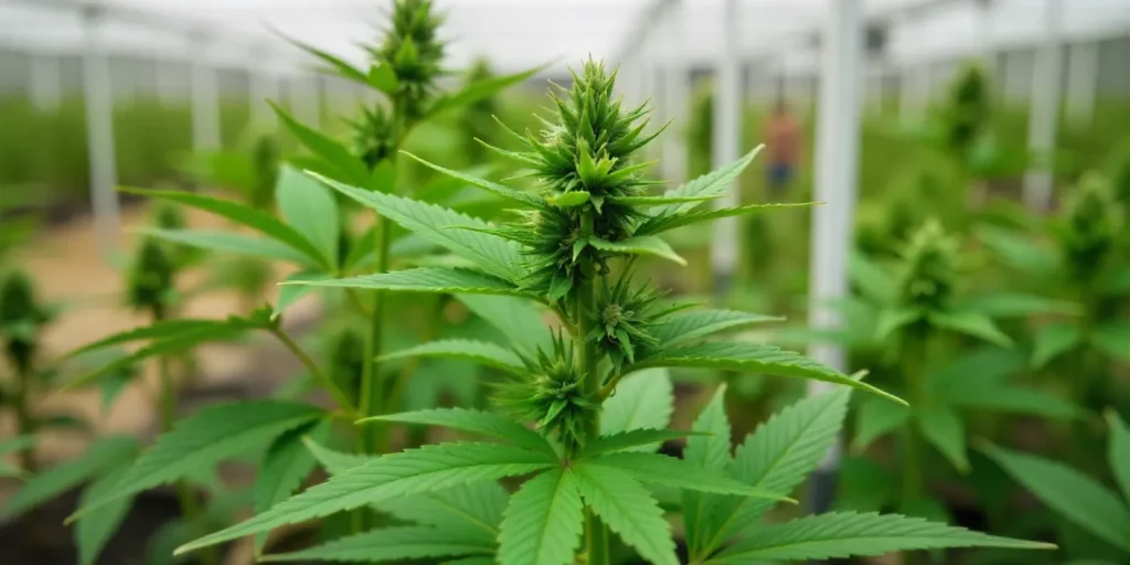 Young Cinderella 99 x Amnesia Haze plants growing in a greenhouse.